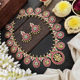 Vriksham Antique Gold Plated Lakshmi Coin Kundan Jadau Guttapusalu Long  Neckpiece-Red White & Green-J3817